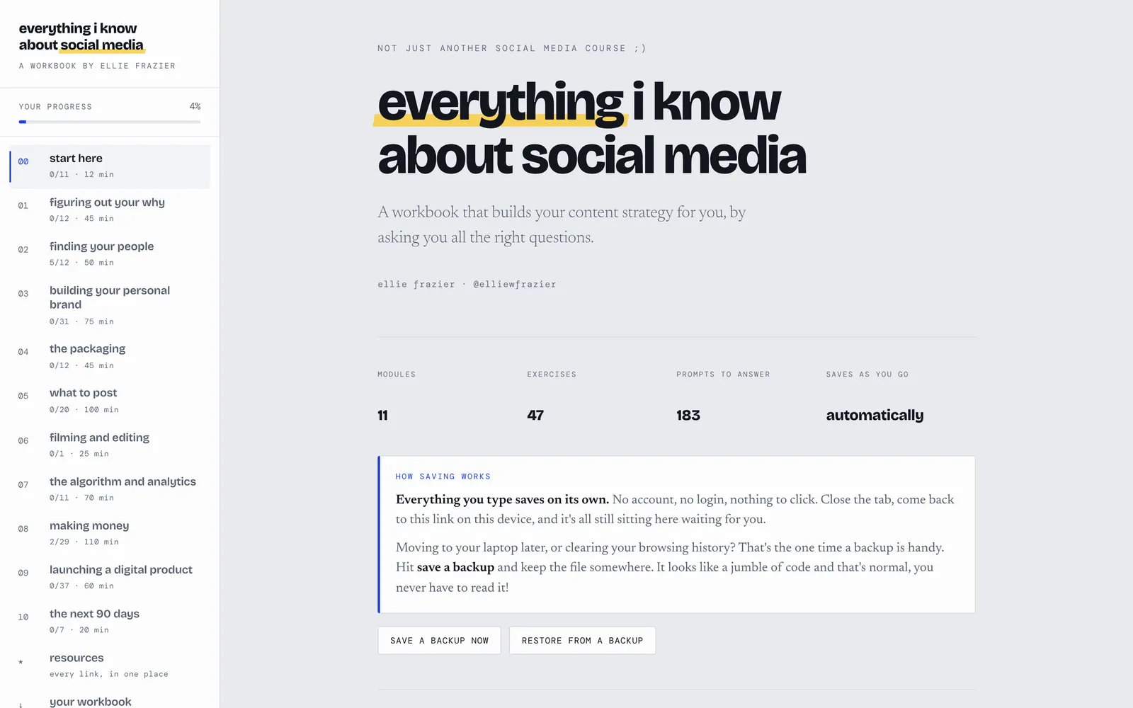 The workbook's start page: 11 modules, 47 exercises, 183 prompts