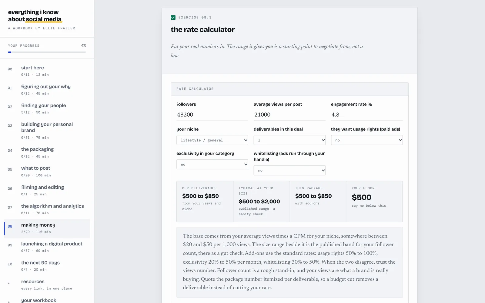 The brand deal rate calculator in the workbook, showing a rate range