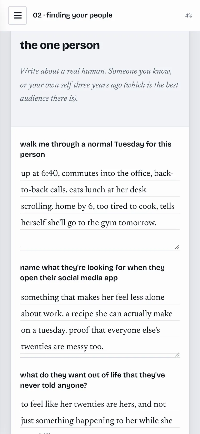 The workbook on a phone, with the one person exercise filled in