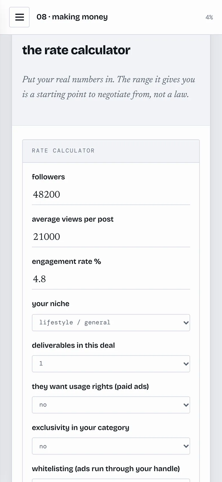 The rate calculator on a phone