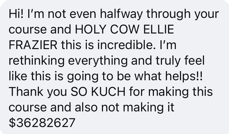 A message that reads: I am not even halfway through your course and HOLY COW ELLIE FRAZIER this is incredible
