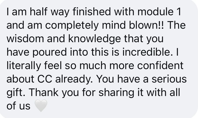 A message that reads: I am half way finished with module 1 and am completely mind blown